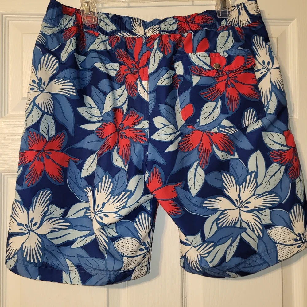 Lands End‎ Swim Shorts Size Medium Floral Tropical Red Blue Patriotic 4th